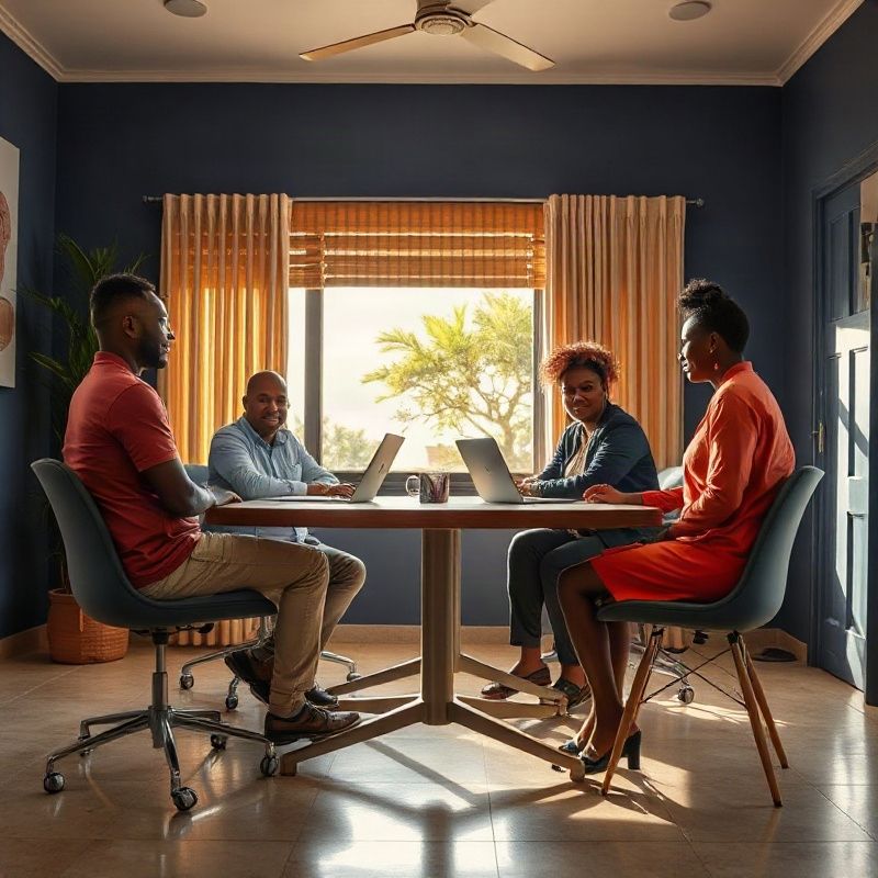 Small professional team gathered around a bright conference table in a Malindi office