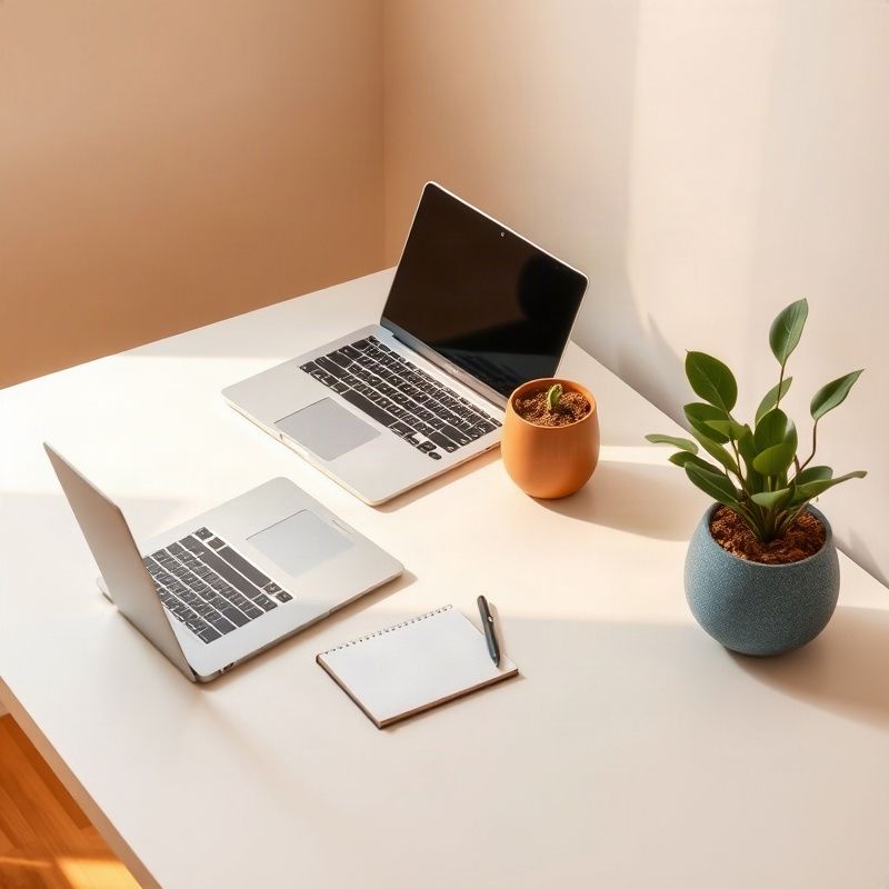 Minimal indigo-tech desk setup with laptop, notepad, and a small plant
